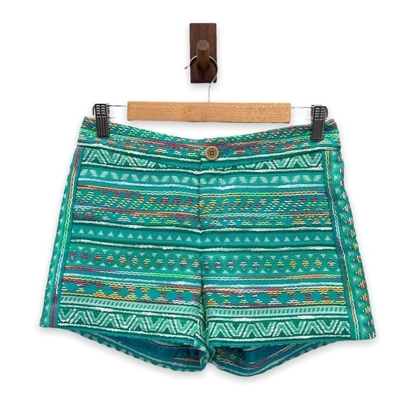 Anthropologie Shorts Womens 0 Green Teal Rainbow Aztec Embroidery Bohemian - Picture 4 of 11